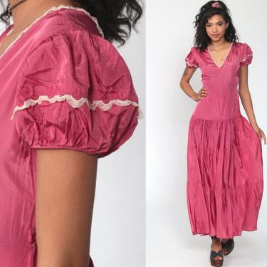 60s Party Dress Pink Puff Sleeve Maxi Dress Drop Waist Dancing Dress Formal 1960s Festival Vintage Bohemian Small 