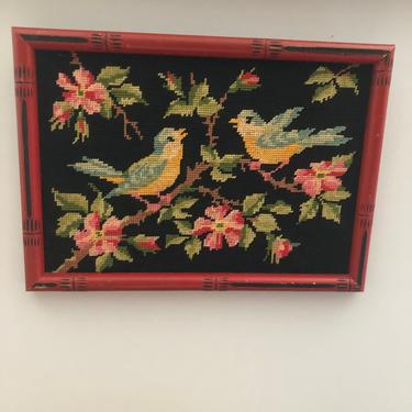 Vintage 1960s-1970s Bird and Floral Needlepoint in red vintage frame, 14 inches wide, Interior Design accent, Vintage Kitsch Home Decor 