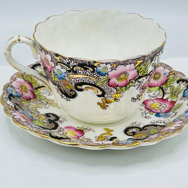 Vintage Black Pink and Gold Floral tea cup and saucer-marked 