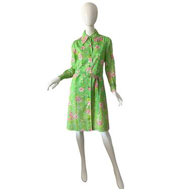 70s Psychedelic Flower Dress / Sakowitz Mod Shirt Dress  / 1970s Sakowitz Safari Belted Sheath Dress Medium 
