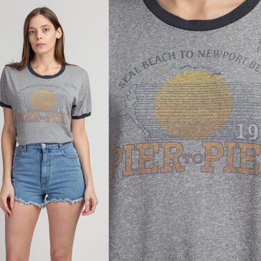 Vintage 90s Does 70s Hollister Tourist Tee - Medium | Heather Gray Pier to Pier Race Sunset Graphic Ringer T Shirt 
