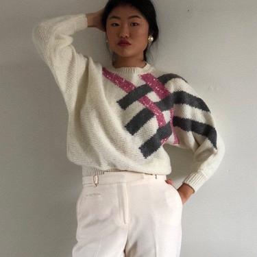 90s batwing sweater / vintage creamy white graphic striped cropped batwing lightweight acrylic sweater | S 