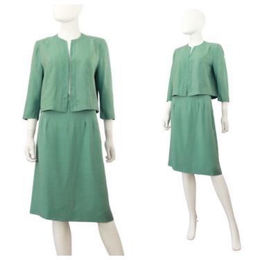 1960 Sea Foam Green Linen Suit - 1960s Summer Suit - 60s Green Suit - Womens Green Suit - 60s Womens Suit - 60s Pale Green Suit | Size Small 