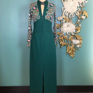1970s maxi dress, vintage 70s dress, mod floral print, forest green, polyester dress, hourglass, brandye, long sleeve, small medium, retro 