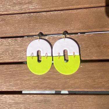 Funky White and Neon Lime Green Polymer Clay Statement Earrings [Lightweight] 