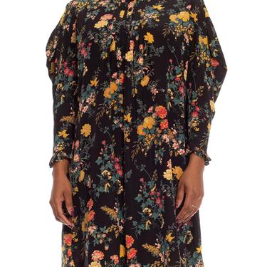 1980S Emanuel Ungaro Black  Yellow Floral Silk Oversized Boho Dress 