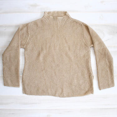 Vintage 90s Mohair Sweater, 1990s Fuzzy Sweater, Oversized Sweater, Fisherman Knit, Mock Neck, Minimalist, Beige, Tan 