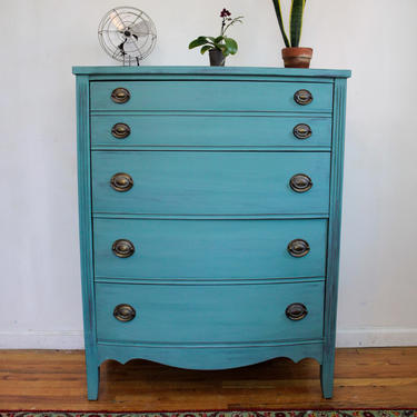 Refurbished Vintage Dresser by Dixie, Antique Green Teal Turquoise Highboy Dresser, Distressed Shabby chic Dresser, Free NYC Delivery 
