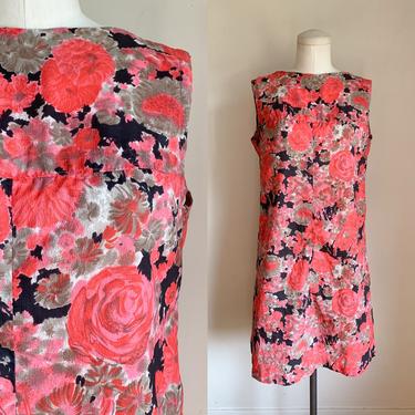 Vintage 1960s Coral Pink Floral Dress / M 