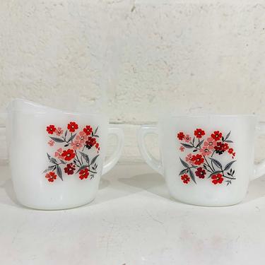 Vintage Fire-King Glass Floral White Sugar Bowl and Creamer Set Heat Proof Oven Ware Made in USA MCM Flowers Flower Pink Red 1950s 50s 