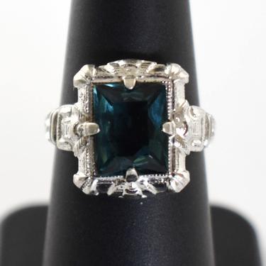 Ornate 30's cast sterling faux topaz size 6.5 solitaire, Art Deco 925 silver London Blue crystal rectangle statement ring 
