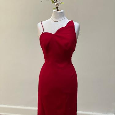 Vintage 1980s 1990 90s Asymmetric Dress Minimal Red Designer Couture Party Special Occasion Cocktail Gala Prom 