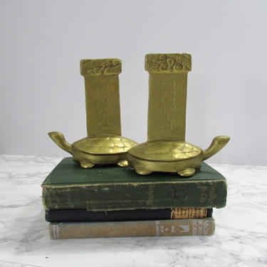 Brass Turtle Bookends Brass Decorative Bookends Vintage Brass Bookends Chinoiserie Decor by PursuingVintage1