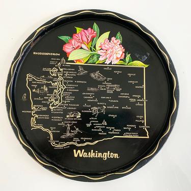 Vintage Metal Washington State Drink Tray Plate Souvenir Retro Rhododendron Blossom MCM Mid-Century Barware Bar Flower Floral 