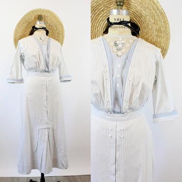1910 edwardian WASH DRESS antique striped cotton dress large | new summer 
