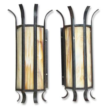 Pair of Vintage Modern Stained Glass Iron Wall Sconces