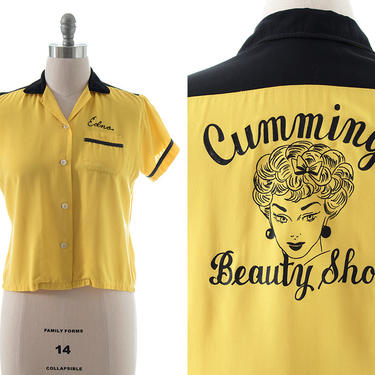 Vintage 1950s Bowling Shirt | 50s &amp;quot;Cummings Beauty Shop&amp;quot; Rayon Color Block Chainstitch &amp;quot;Edna&amp;quot; Bowler's Team Uniform Blouse (medium/large) 