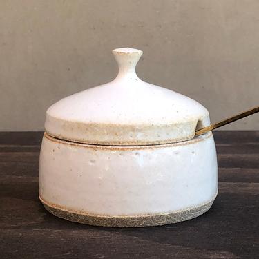 Ceramic Salt Cellar with Lid and Spoon Opening- Glossy White Speckled &quot;Stone&quot; 