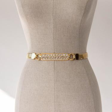 Vintage 70s 80s Gold Metal Skinny Stretch Belt w/ Chrystal Rhinestone Hook Clasp Buckle | Uptown, Boho Chic | 1970s 1980s Designer Belt 