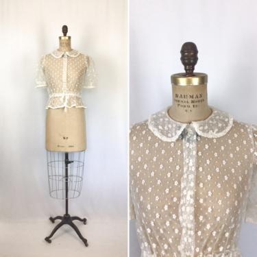 Vintage 50s blouse | Vintage white  floral net top | 1950s sheer short sleeve peplum lace shirt 