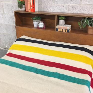 Vintage Wool Blanket 1960s Retro Twin Size 77x60 Authentic Hudson’s Bay Point Wool Blanket + Striped + Red + Yellow + Bedroom + Bedding 