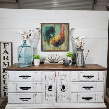 White Distressed Dresser with Stained Top