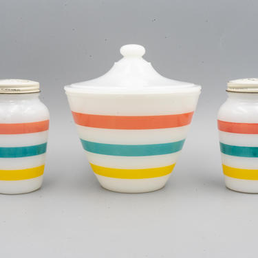 Fire King Colonial Kitchen Stripes Range Set | Vintage Ancho Hocking Kitchenware | Milk Glass Grease Jar Salt and Pepper Shakers 