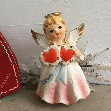 Vintage February Valentine's Angel Holding 2 Hearts, Valentine Angel Figurine 