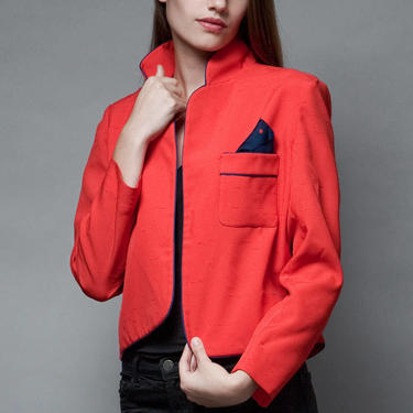 vintage 80s red blazer jacket polka dot pocket square navy open front M L MEDIUM LARGE 