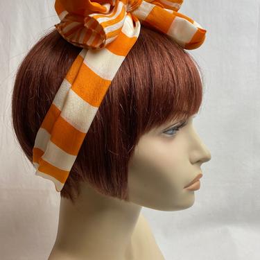 Vintage 80’s 90’s Sheer 100% silk orange & white striped head scarf~long rectangular pussycat bow hair wrap versatile 