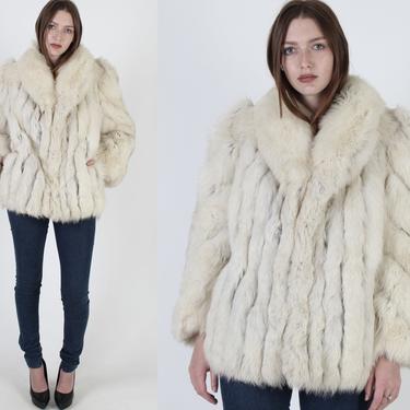 Swirl Sleeve Fox Fur Coat / 80s Plush Womens Arctic Fox Jacket / Real Off White Fur Pockets Jacket / Vintage 1980s Luxurious Coat Small 