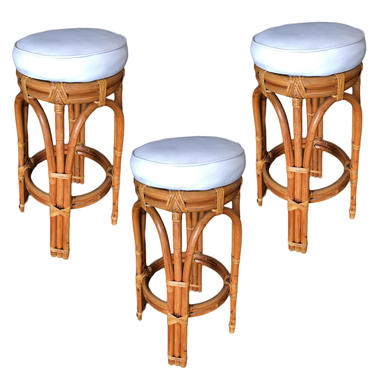 Restored Single Stand Arched Double Stacked Rattan Bar Stool, set of 3 