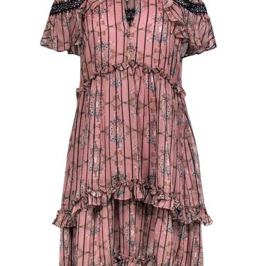 Elliatt - Pink Floral Print &amp; Striped Tiered &quot;Matinee&quot; Dress w/ Ruffled &amp; Lace Trim Sz L