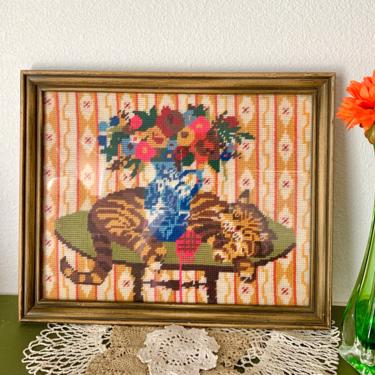 Vintage Needlepoint Wall Art, Napping Kitten, Cat, Hand Stitched, Wood Frame, Home Decor, Wall Hanging 