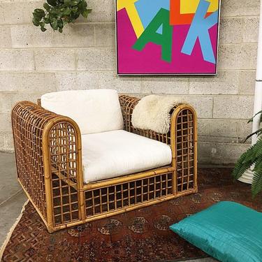 LOCAL PICKUP ONLY Vintage Bamboo Cage Chair Retro 1970s Bohemian Light Brown Square Lounge Chair or Living Room Seating 