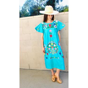 Hand Embroidered Dress // vintage sun midi embroidered floral 1970s boho hippie cotton hippy teal turquoise Mexican // O/S 