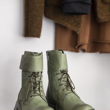 Olive Leather Lace Up Boot