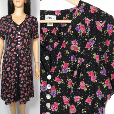 Vintage 90s Floral Dual Layer Button Front Dress Size M 