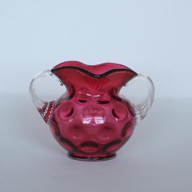 vintage fenton cranberry polka dot vase with crystal handles 