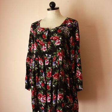 90s Long Sleeve Floral Grunge Dress Black Rayon Babydoll Dress with Wallpaper Rose Print Size M 