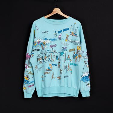 80s All Over Print San Diego Beach Sweatshirt - One Size | Vintage Blue Oversized La Jolla Tourist Pullover Top 