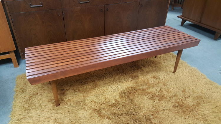 Mid-Century Modern walnut slat bench / coffee table