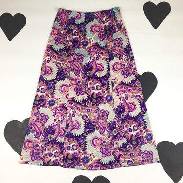 90s Y2k Neon Psychedelic Floral Paisley Maxi Skirt / Purple / Teal / Pink / Daisy / 90s does 70s / Size Large / Spice Girls / Kawaii / 