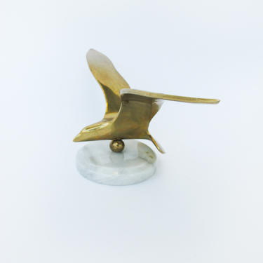 Vintage Mid-Century Solid Brass Bird in Flight with White Marble Base - Made in Taiwan 