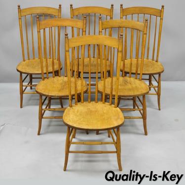 Set of 6 Antique Maple Spindle Back Beehive Finial Dining Kitchen Chairs