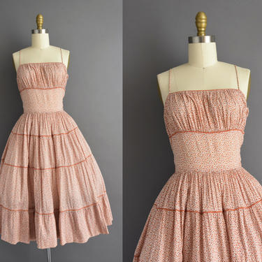 1950s vintage dress | Gorgeous L'AIGLON Orange Floral Print Sweeping Full Skirt Cotton Summer Dress | Small | 50s dress 