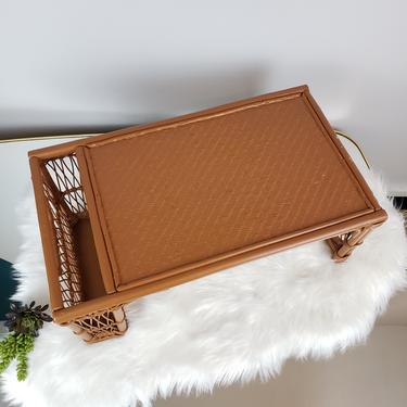 Vintage Rattan Laptop Tray Table | Boho Wicker Breakfast-in-Bed Tray | MCM Magazine Rack Basket 