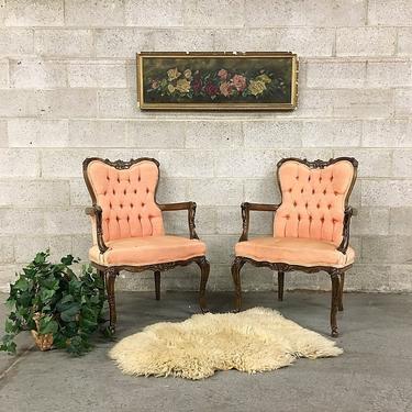 LOCAL PICKUP ONLY Vintage Pink Tufted Chairs Retro 1960's Silk Queen Anne Set of 2 Matching for Living or Dining Room Seating 