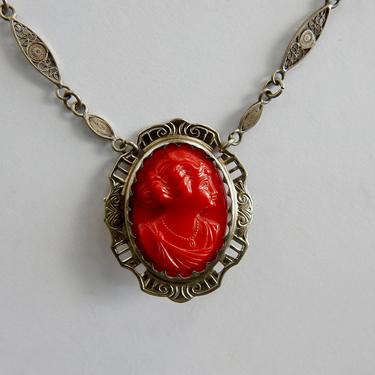 Antique Art Deco Red Celluloid Cameo on Gold Filled Filigree Chain 