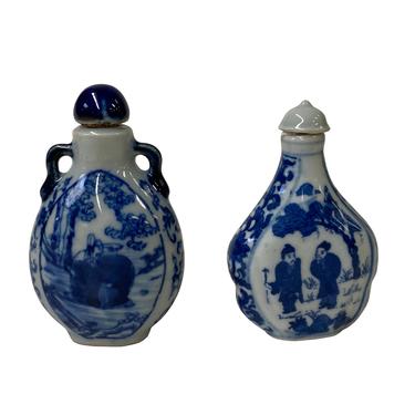 2 x Chinese Porcelain Snuff Bottle With Blue White Scenery Graphic ws1248E 